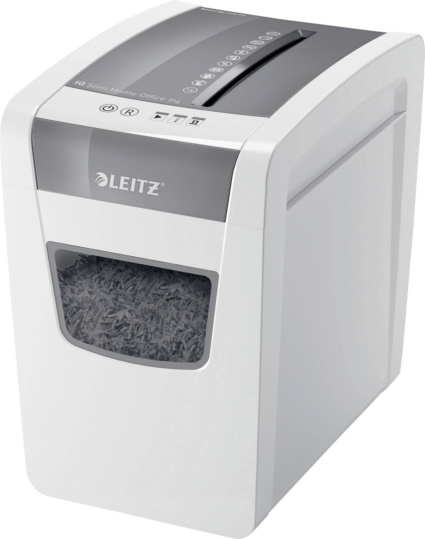 A white paper shredder with a grey lid and transparent window at the front, showing shredded paper inside.