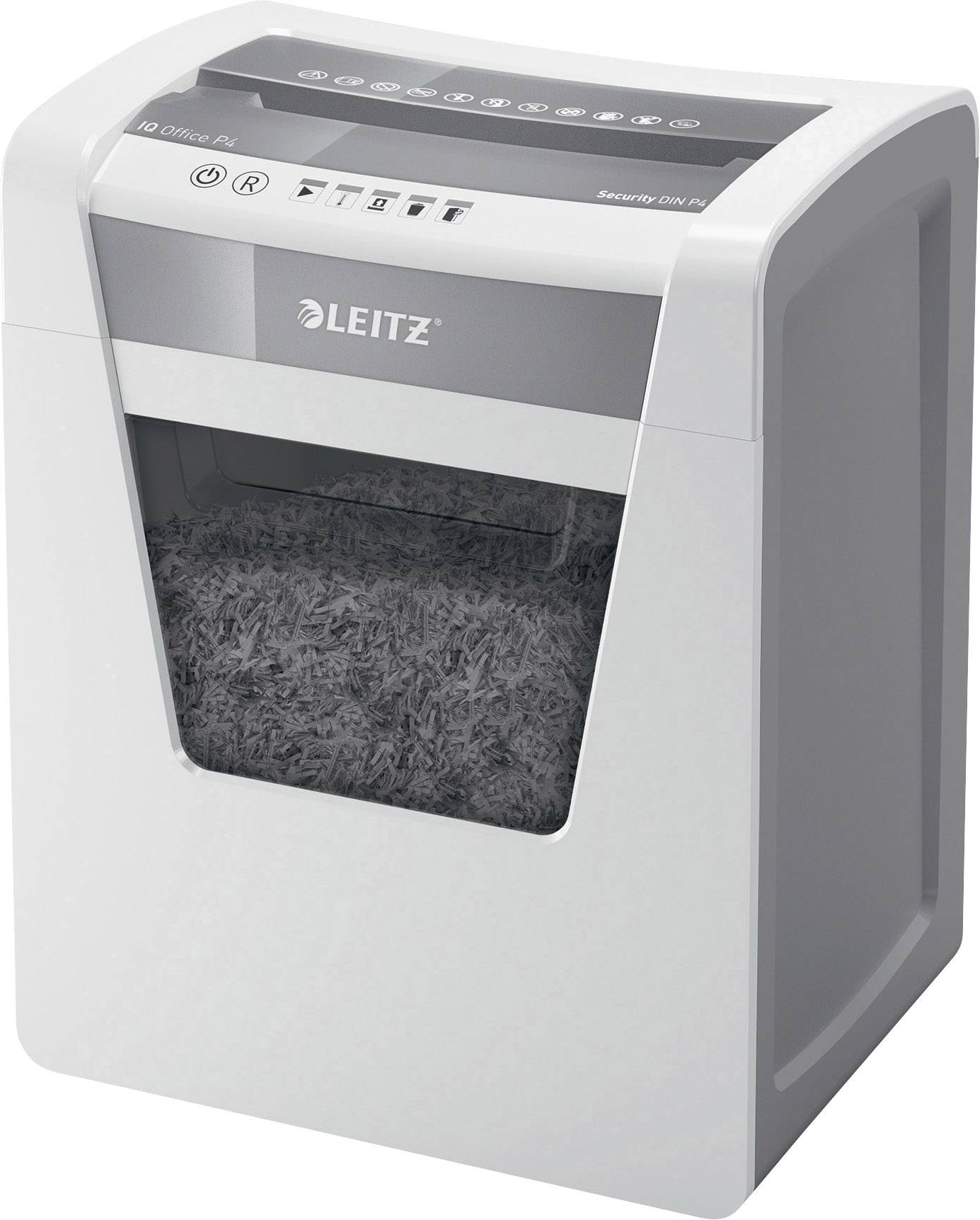 A white Leitz paper shredder with a viewing window, filled with shredded paper, suitable for office use.