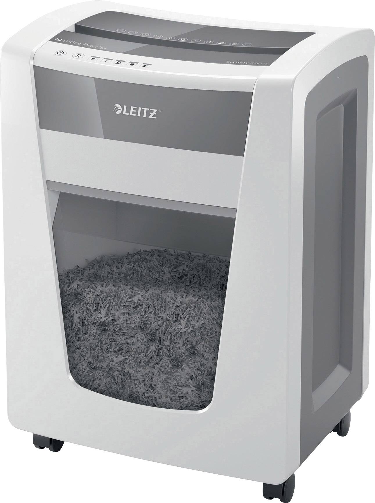 A paper shredder with a semi-transparent compartment shows shredded paper. Control buttons are visible above.