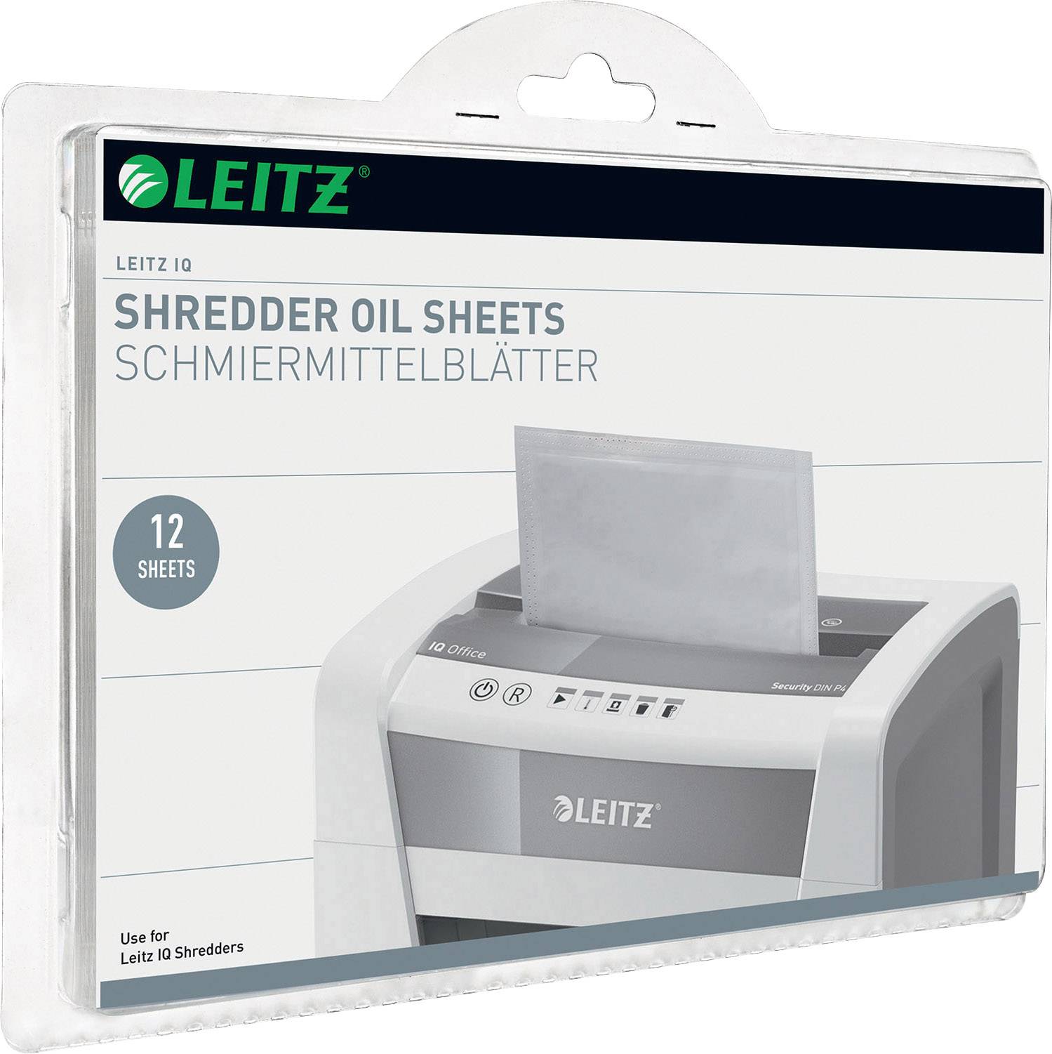 'Leitz IQ Shredder Oil Sheets' packaging featuring an image of a paper shredder drawing in a lubricant sheet. Contains 12 sheets.