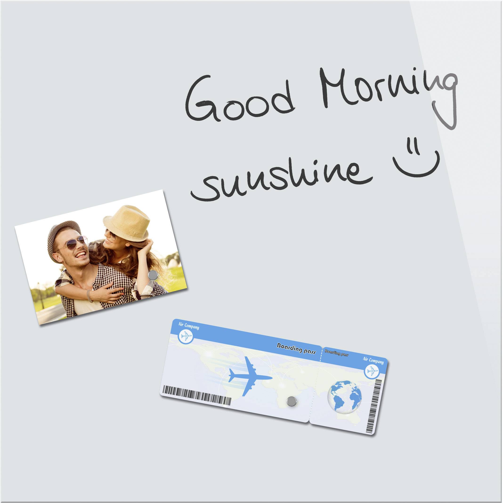 Two cheerful people are hugging outdoors, with 'Good Morning sunshine :)' handwritten beside them. Underneath is a flight ticket graphic with a globe.