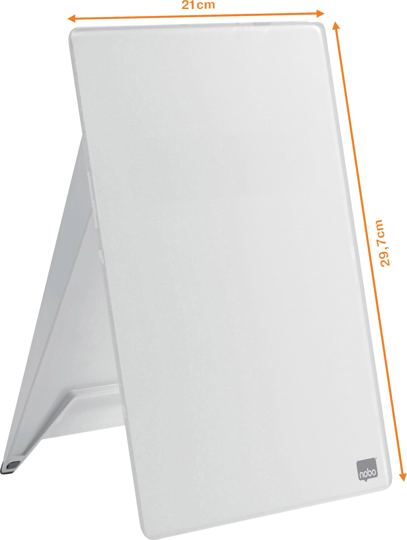 White writing board with dimensions 21 cm x 29.7 cm, standing on a stand.