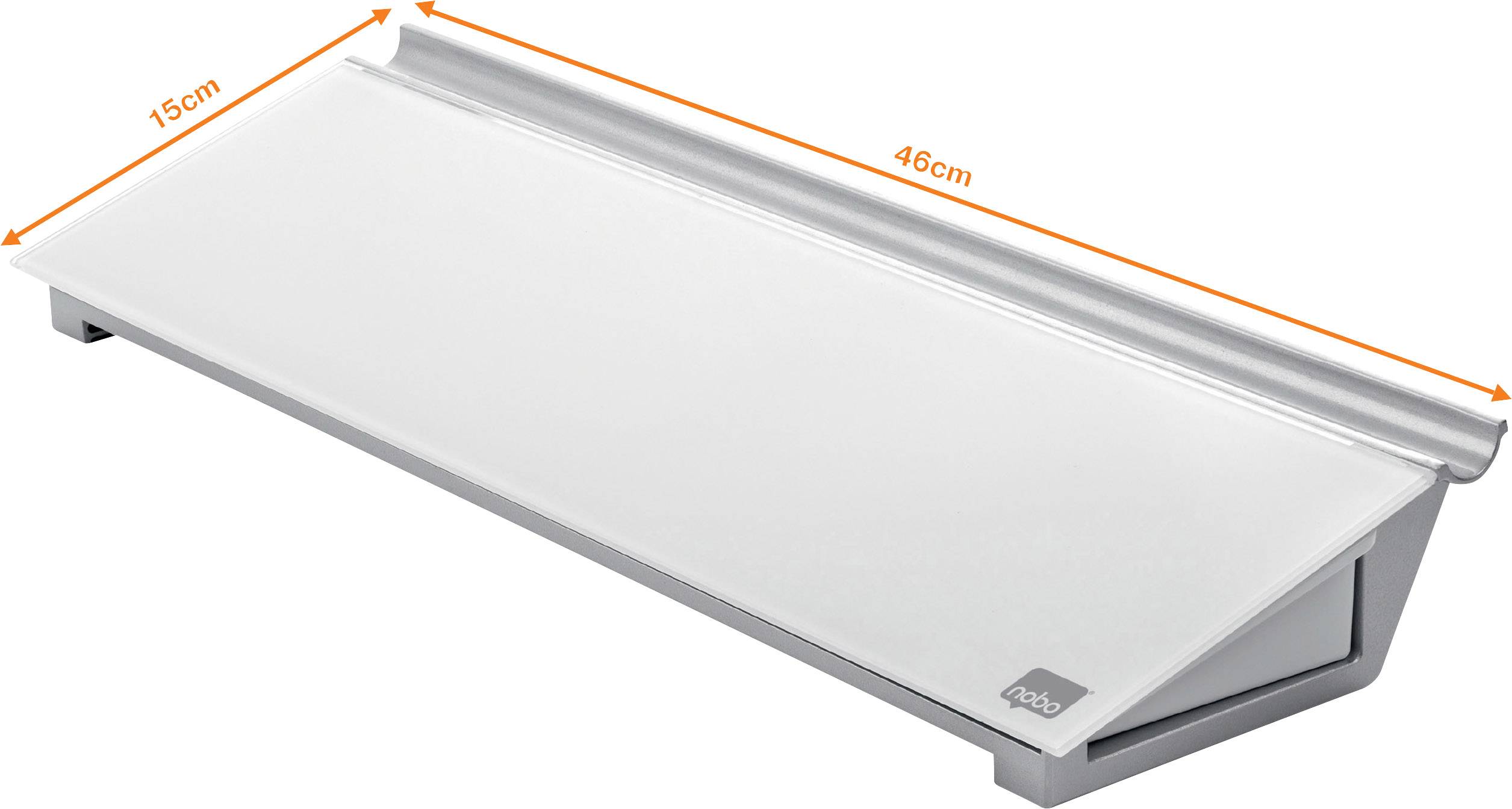 A silver laptop stand with a width of 46 cm and a depth of 15 cm, suitable for ergonomic desk work.