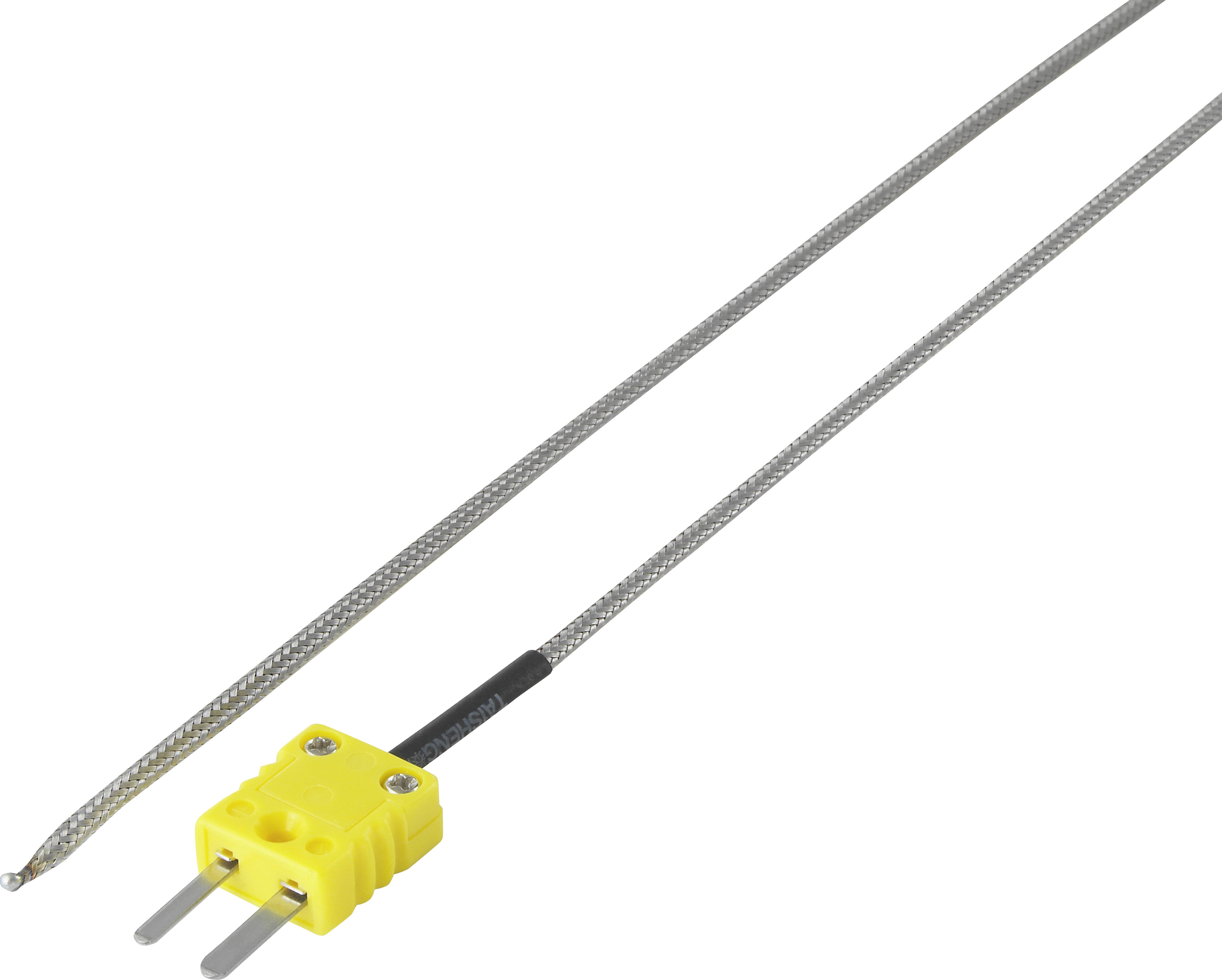 Yellow thermocouple plug with two metal pins, attached to a long, silver-sheathed cable, for temperature measurement.