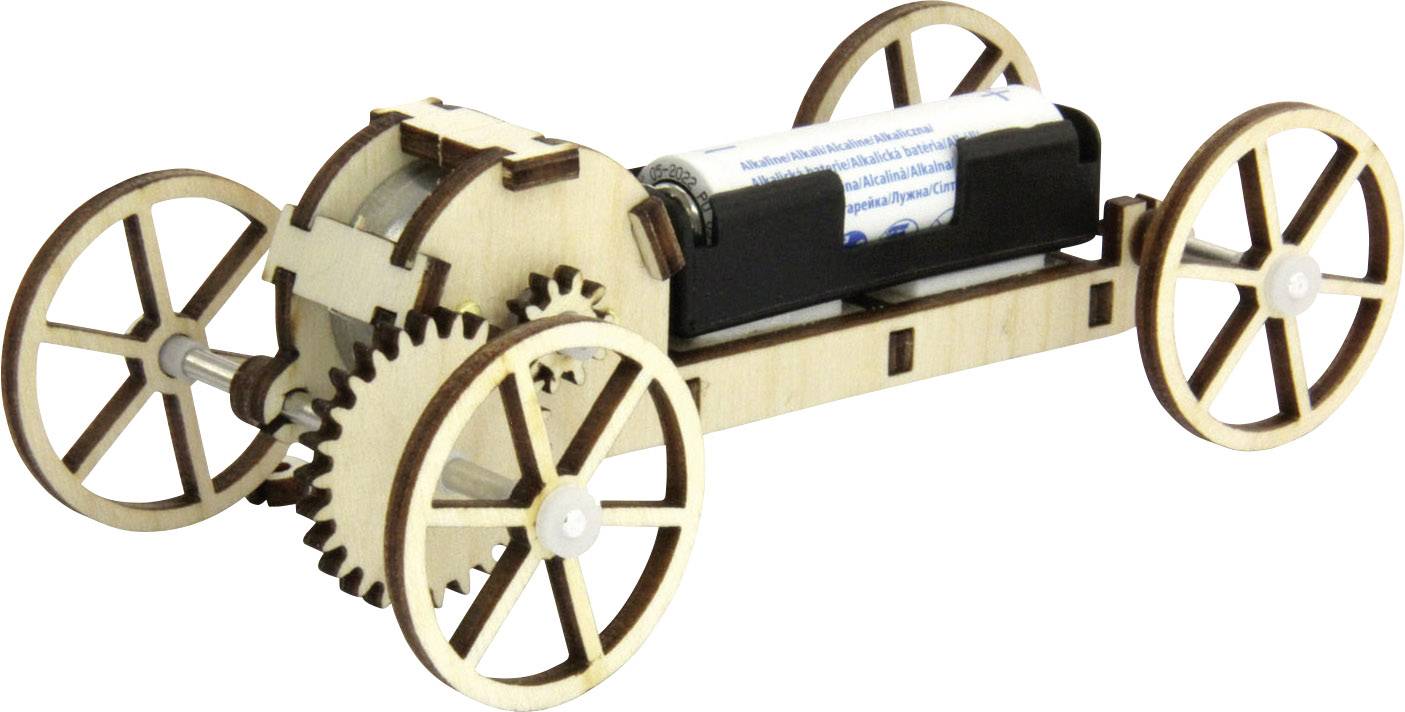 A small wooden model car with gears and four wheels. It contains a battery and wooden mechanical parts that enable movement.