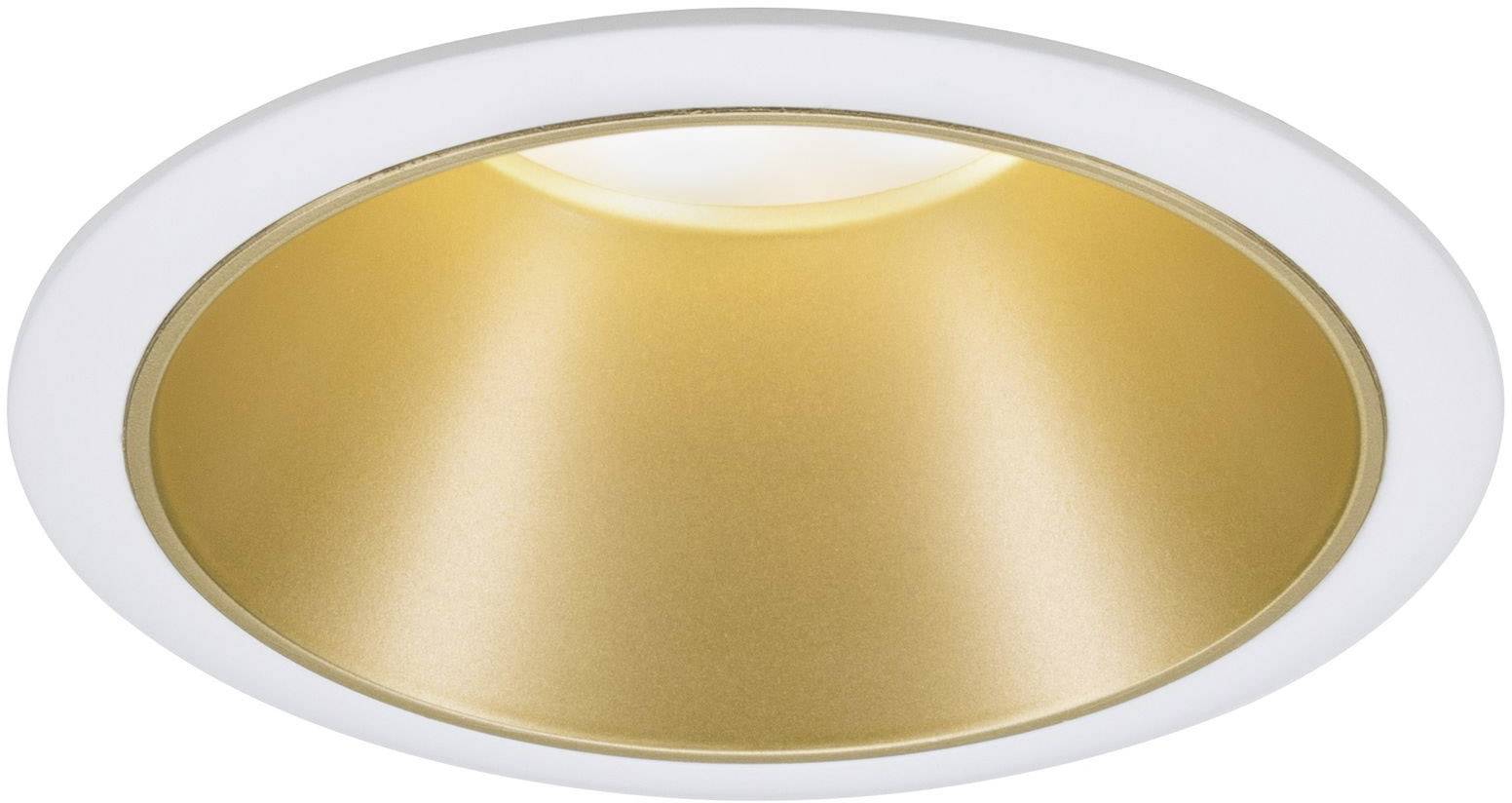 Round ceiling light with gold-coloured inner reflector and white frame, which illuminates downwards.