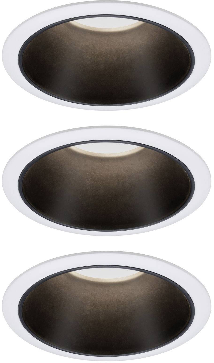 Three round, black LED ceiling recessed spotlights with white trim, shown in a vertical arrangement.