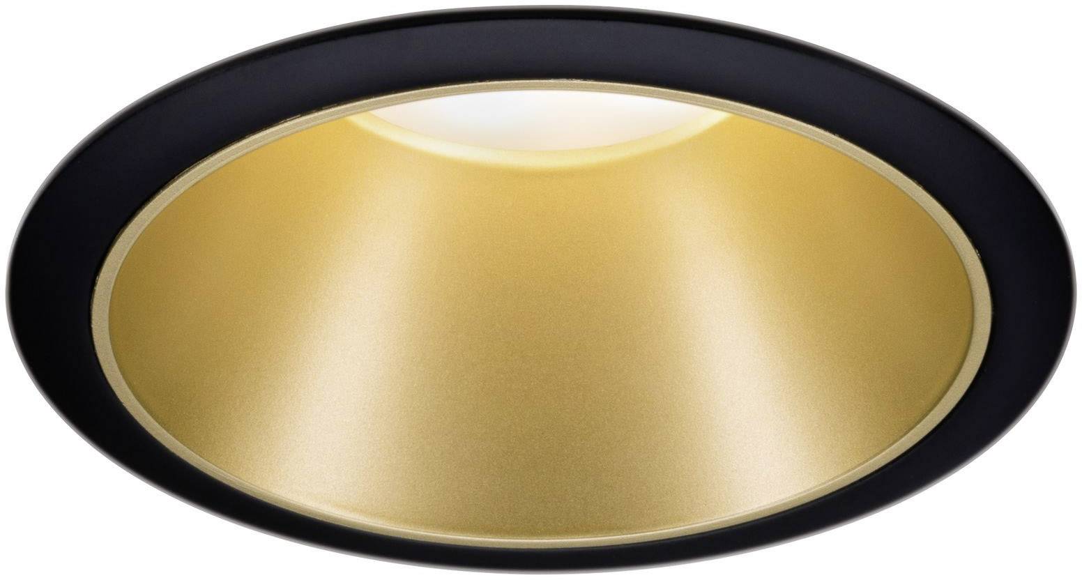 Recessed ceiling light with golden interior and black trim, emitting warm light. Ideal for elegant interior design.