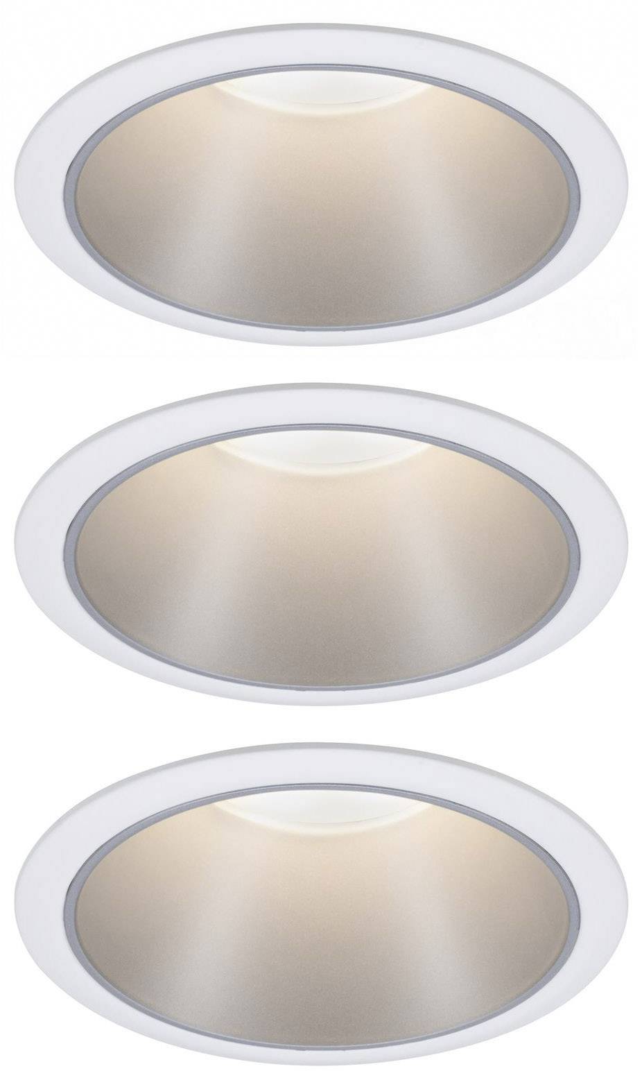 A picture of three recessed LED ceiling spotlights in a modern design with warm white light.