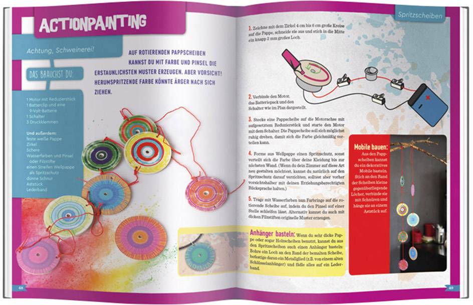 Actionpainting-Anleitung in einem Buch für Kinder. Zeigt rotierende Farbkreise und enthält eine Schritt-für-Schritt-Beschreibung zum Basteln.