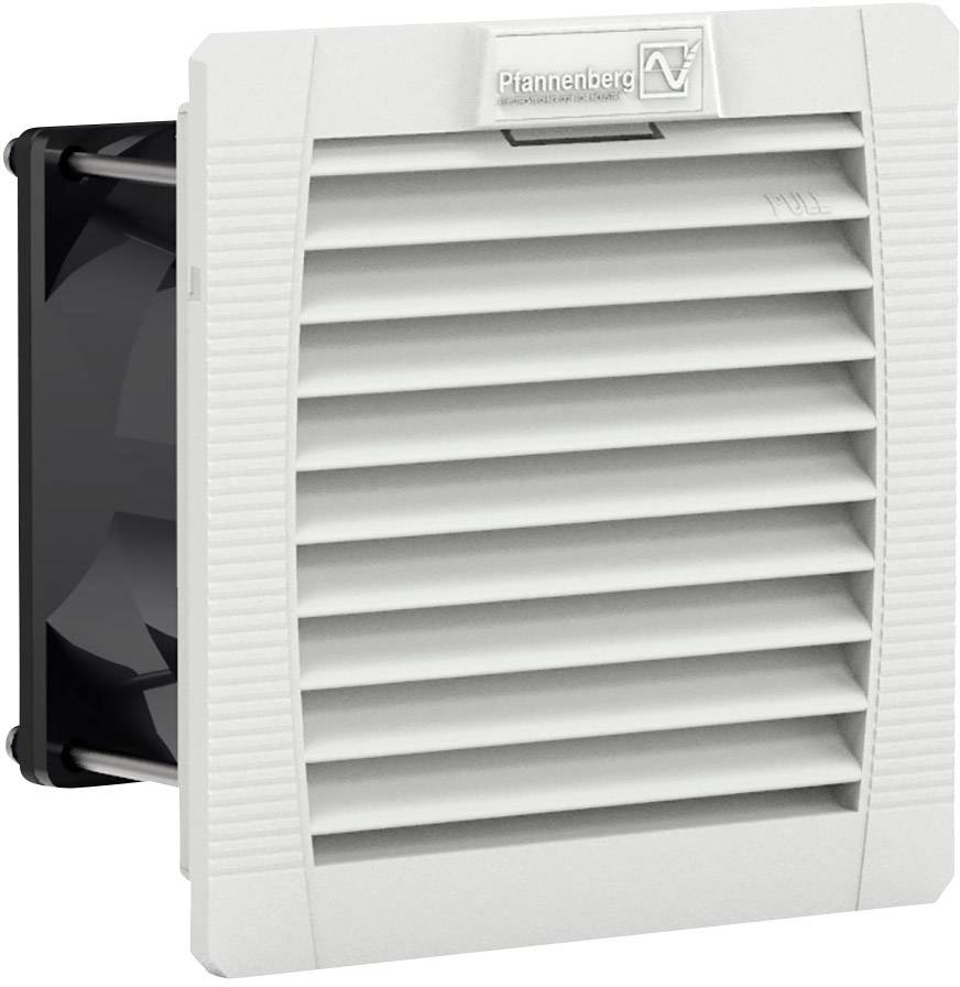 A rectangular fan with horizontal louvres, predominantly white in colour. 'Pfannenberg' brand logo positioned in the top right of the casing.