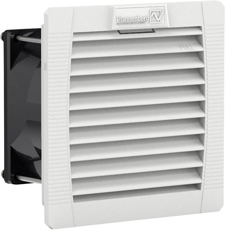 A square ventilation fan with horizontal louvres, mounted in a white frame. 'Pfannenberg' is written at the top.