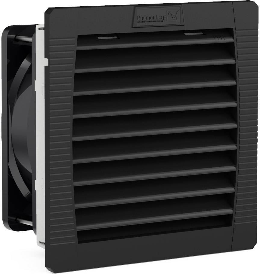 Black ventilation grille with horizontal louvres, used for ventilating enclosures in electronic or industrial applications.
