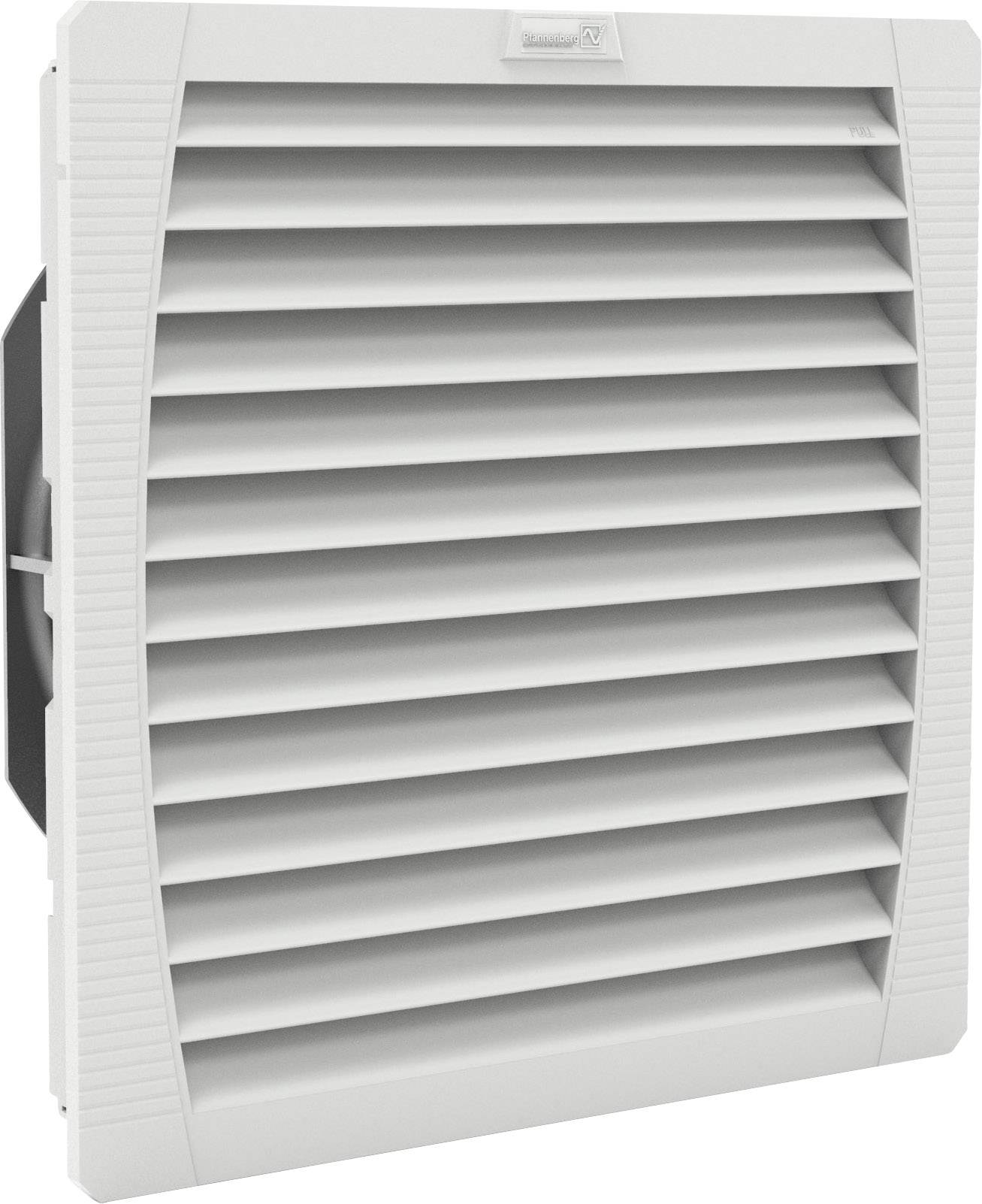 A rectangular ventilation grille with horizontal louvres, enabling air circulation. Manufactured from grey plastic.