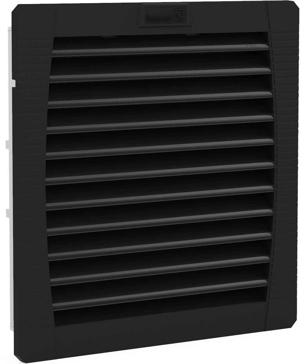 A black ventilation grille in a rectangular shape with horizontal louvres for ventilation or cooling in technical systems.