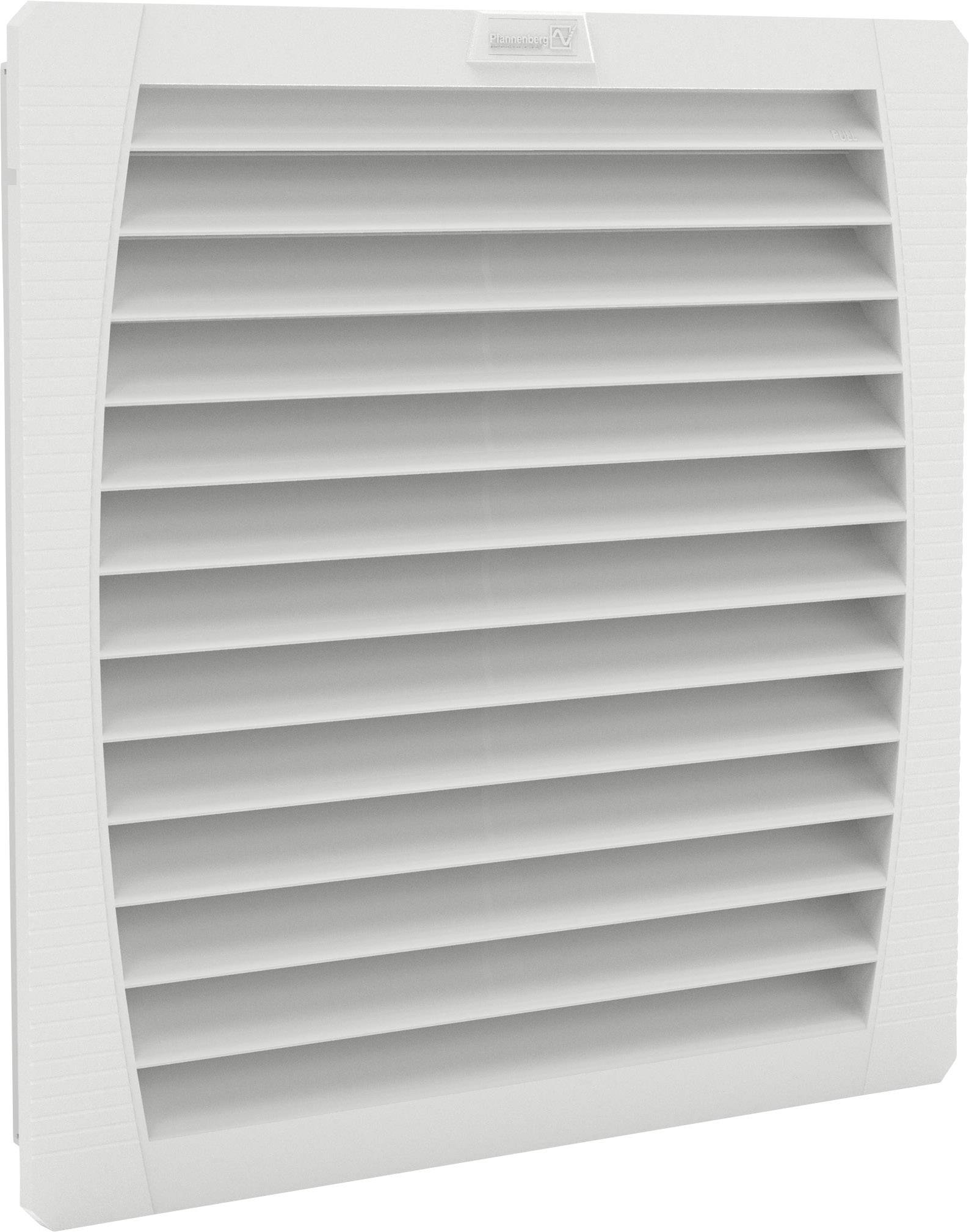 A rectangular ventilation grille with horizontal louvres in white, for ventilation or cooling, mounted on a flat surface.
