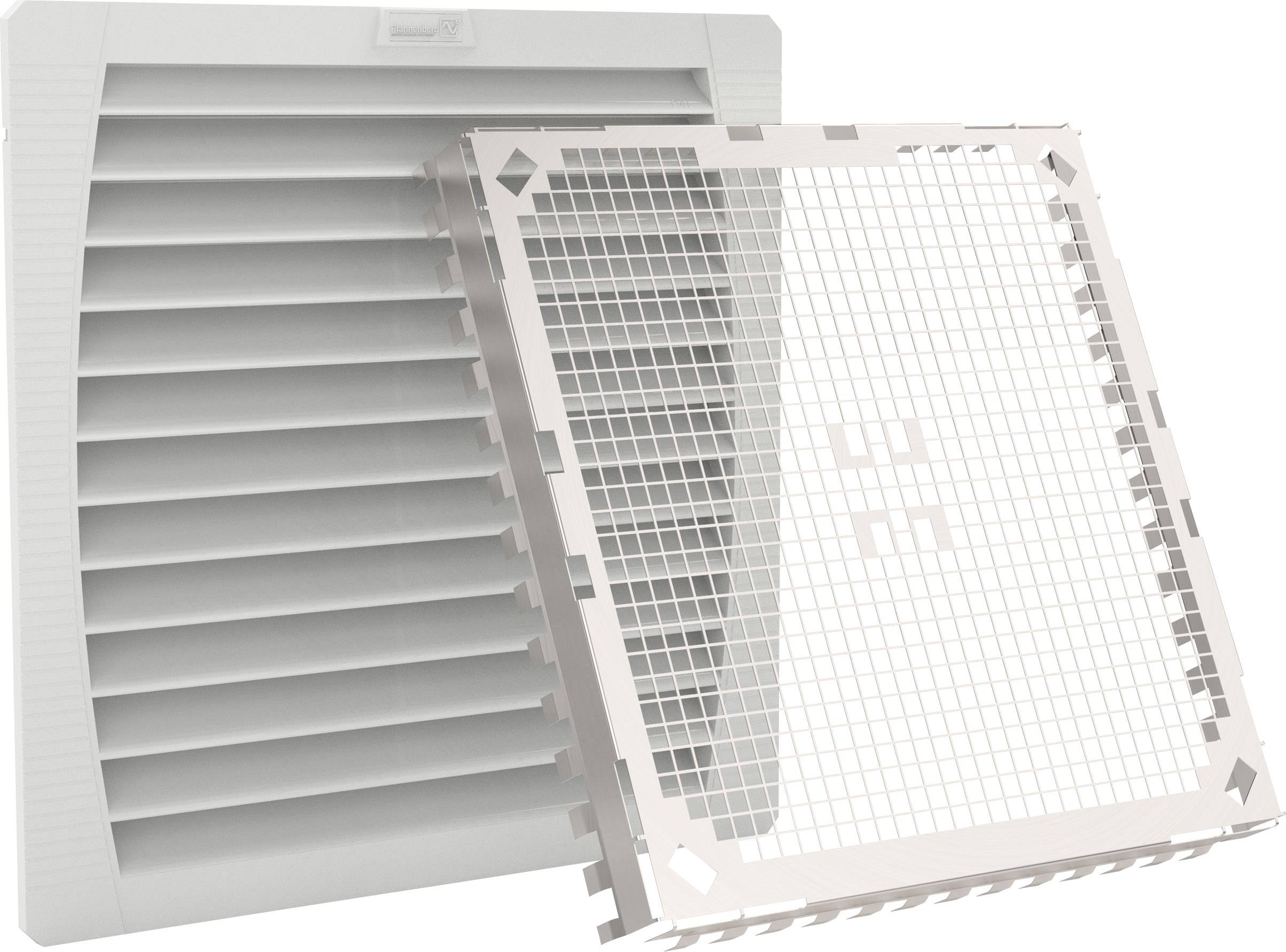 A square ventilation slot with a removable grille and louvres that serve to circulate air within an enclosure.