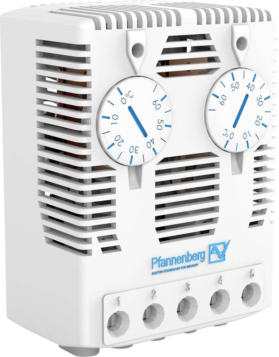 A white ventilation unit with two analogue temperature displays on the front, with the 'Pfannenberg' logo underneath.