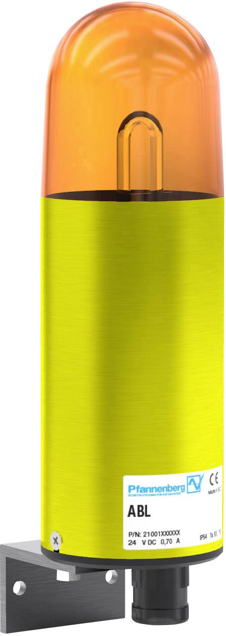 A yellow, cylindrical warning light with an orange dome and a mounting bracket on the side. Manufacturer name and model number are printed on it.