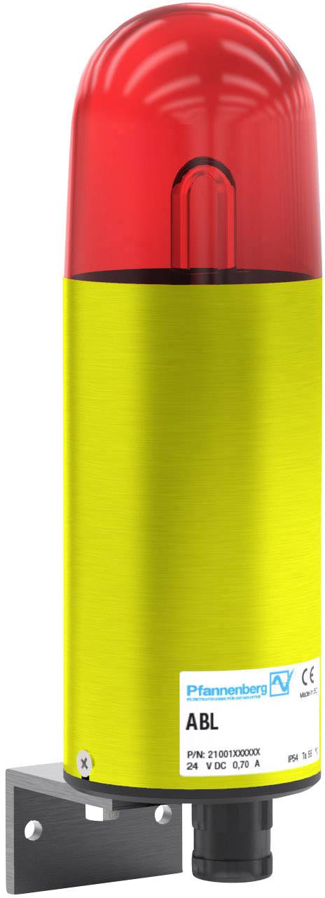 A red warning light device with a yellow housing and wall mounting, by Pfannenberg, model ABL, suitable for 24V DC.