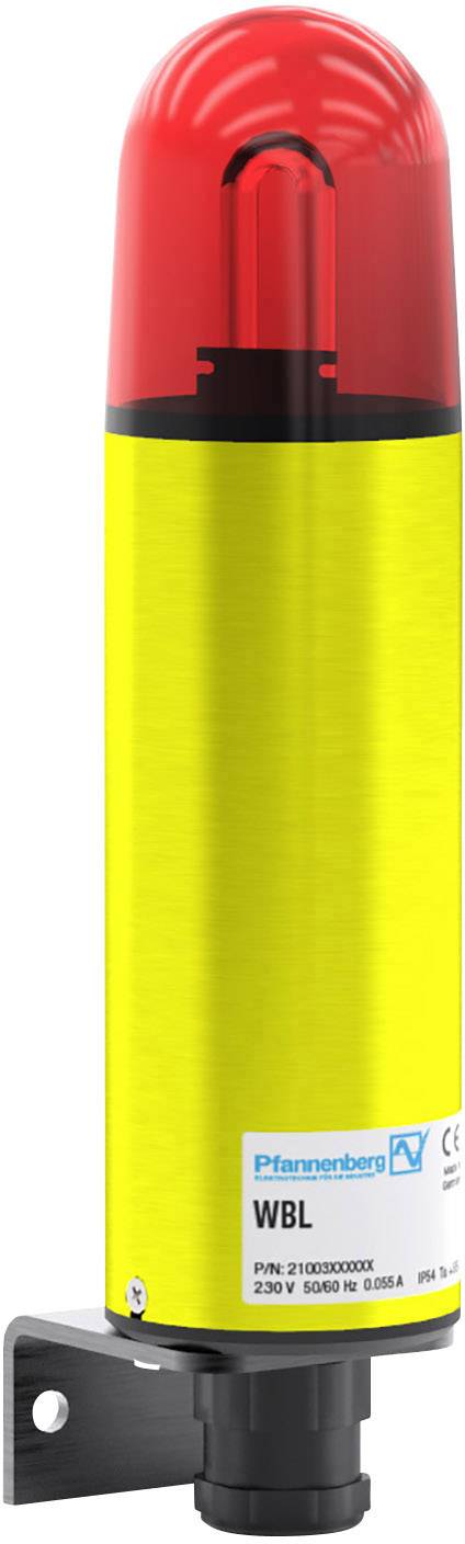Signal light with a red housing and yellow base, used for visual alarm indication in industrial or safety-critical areas.