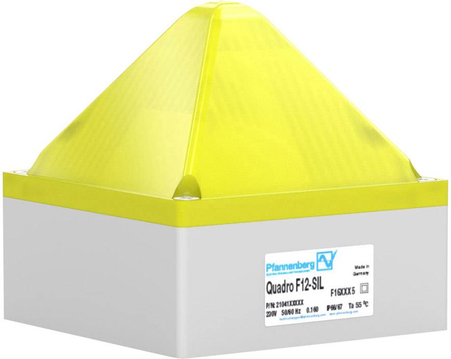 A yellow warning light device on a white base with the inscription 'Quadro F12-SIL'. Suitable for industrial applications.