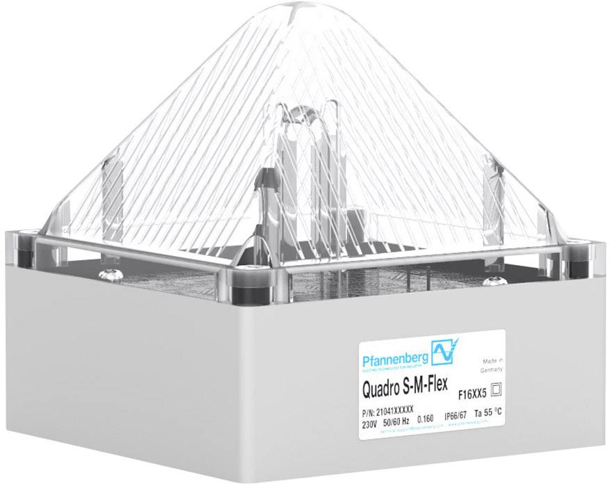 White technical device with a transparent dome, labelled 'Quadro S-M-Flex', designed for industrial application.
