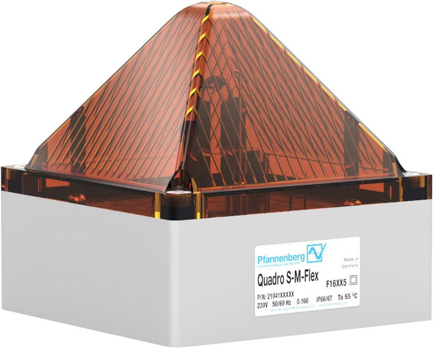 A square white alarm system with a pyramidal, orange-transparent housing, marked with 'Pfannenberg Quadro S-M-Flex'.