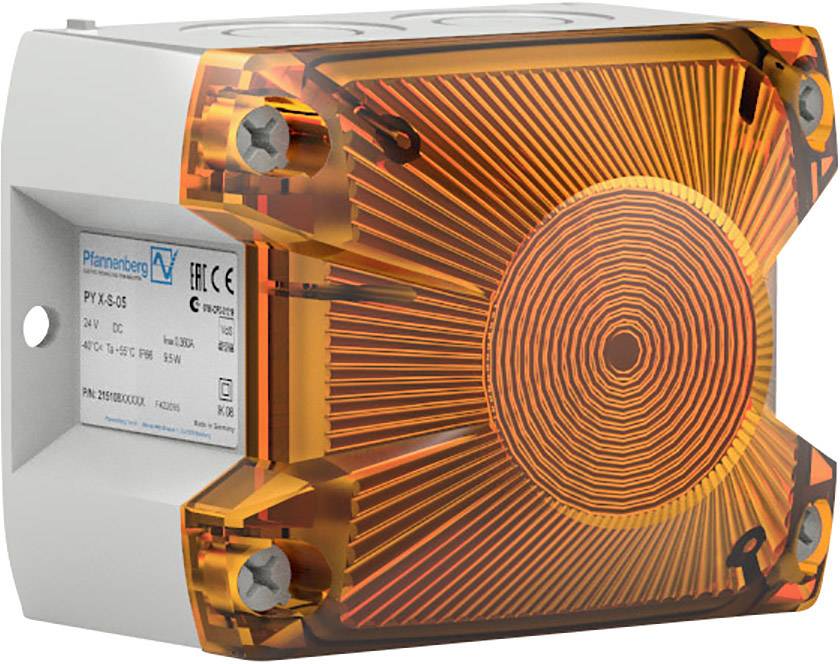 An orange flashing warning light for signalling, mountable with fixing screws at the corners, suitable for industrial applications.
