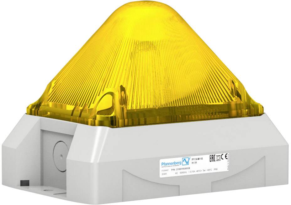 Yellow warning light with a sturdy white base, suitable for industrial applications. Manufacturer's nameplate with technical details attached.