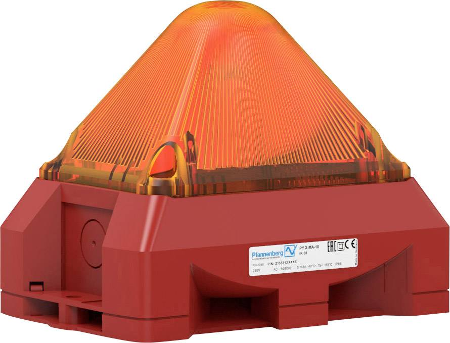 A red, triangular alarm signalling device with an orange cover, manufactured by Pfannenberg, suitable for industrial applications.