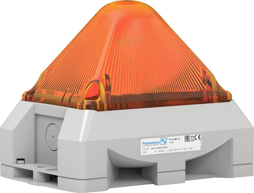 An orange warning light with a pyramid-shaped cover, mounted on a grey base. It is a warning signal device.