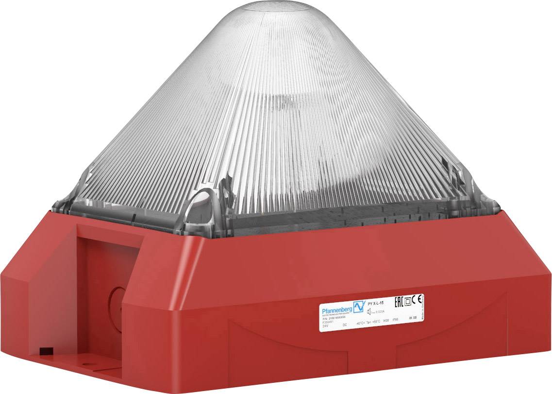 A red optical signal indicator with a transparent, pyramid-shaped light shield, used for visual alarm or warning.