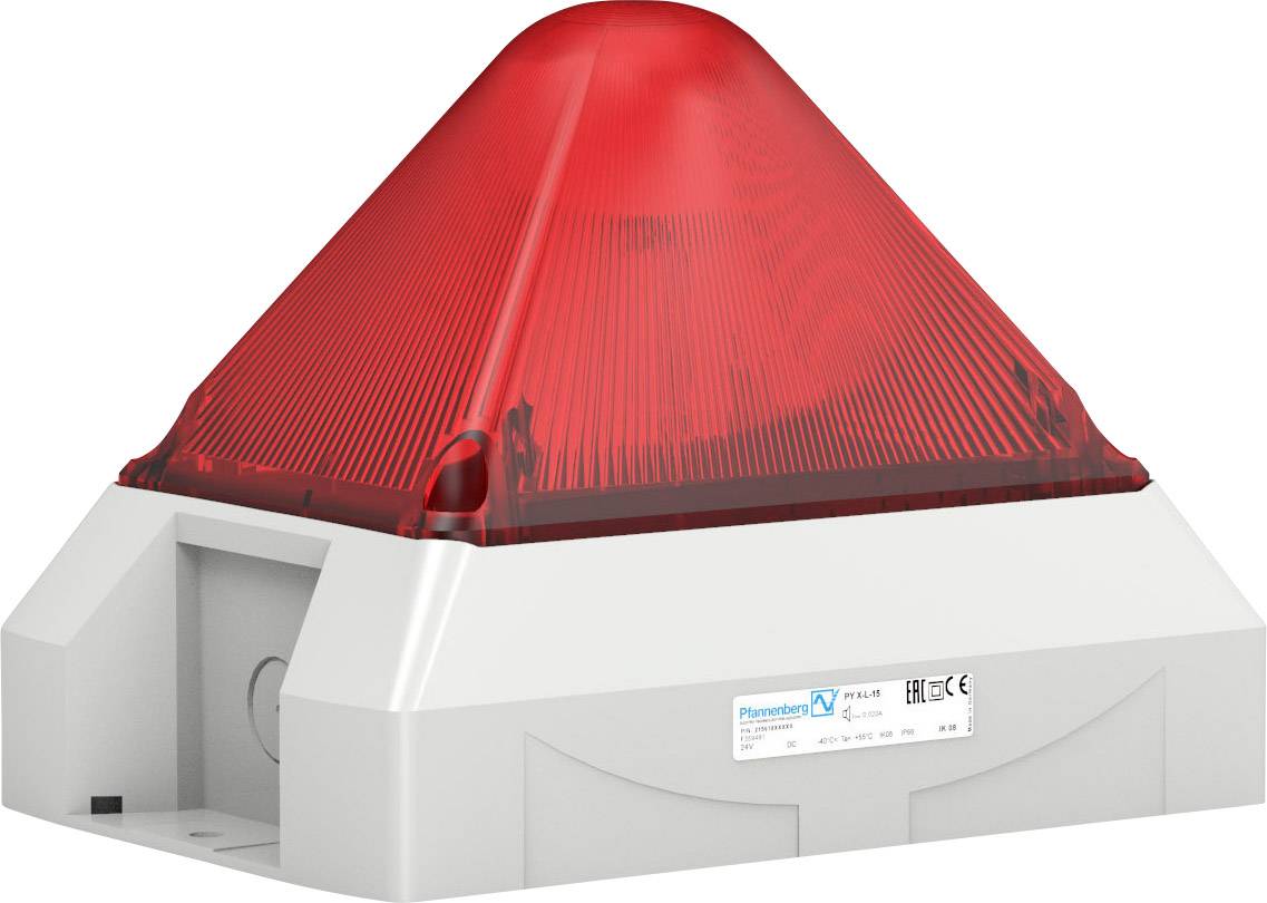 Red siren with integrated strobe light, mounted on rectangular housing; serves for acoustic and visual alarm signalling.