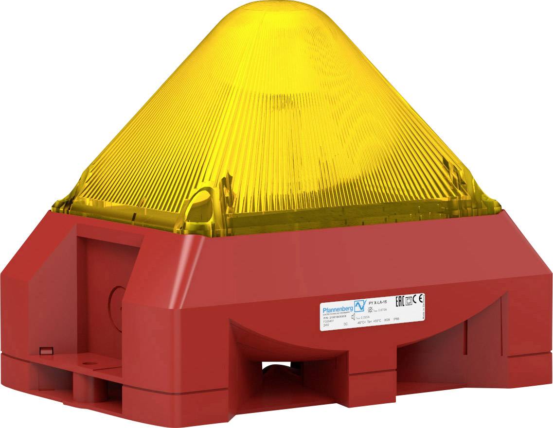 Red, pyramid-shaped electronic device with a yellow dome, presumably used as a warning light or signal indicator.