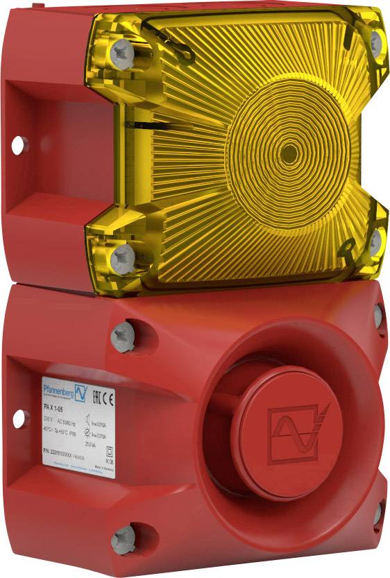 Red and yellow alarm signalling device with acoustic and visual components, mountable, technical specifications on label.