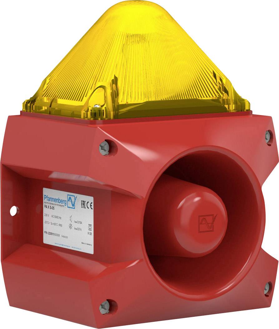A red signal horn with a yellow warning light attachment, used for alarm or warning signals in industrial environments.