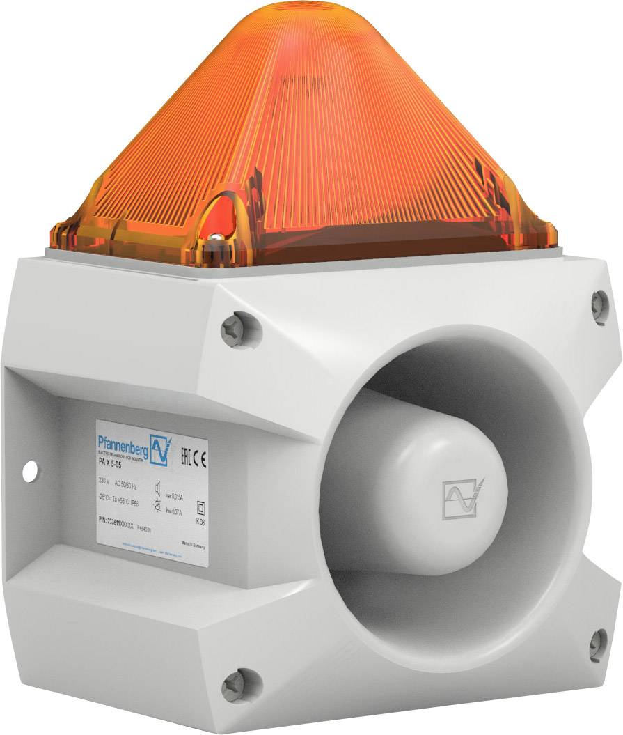 White alarm device with orange light attachment, suitable for industrial applications for visual and acoustic warning.White warning beacon with orange light cover, designed for industrial environments to provide visual and audible alerts.