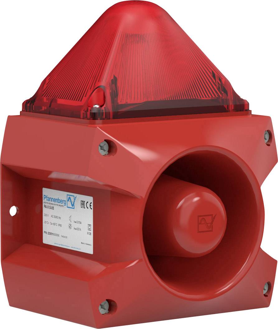 Red emergency alarm with built-in siren and light signal, mounted on a wall.