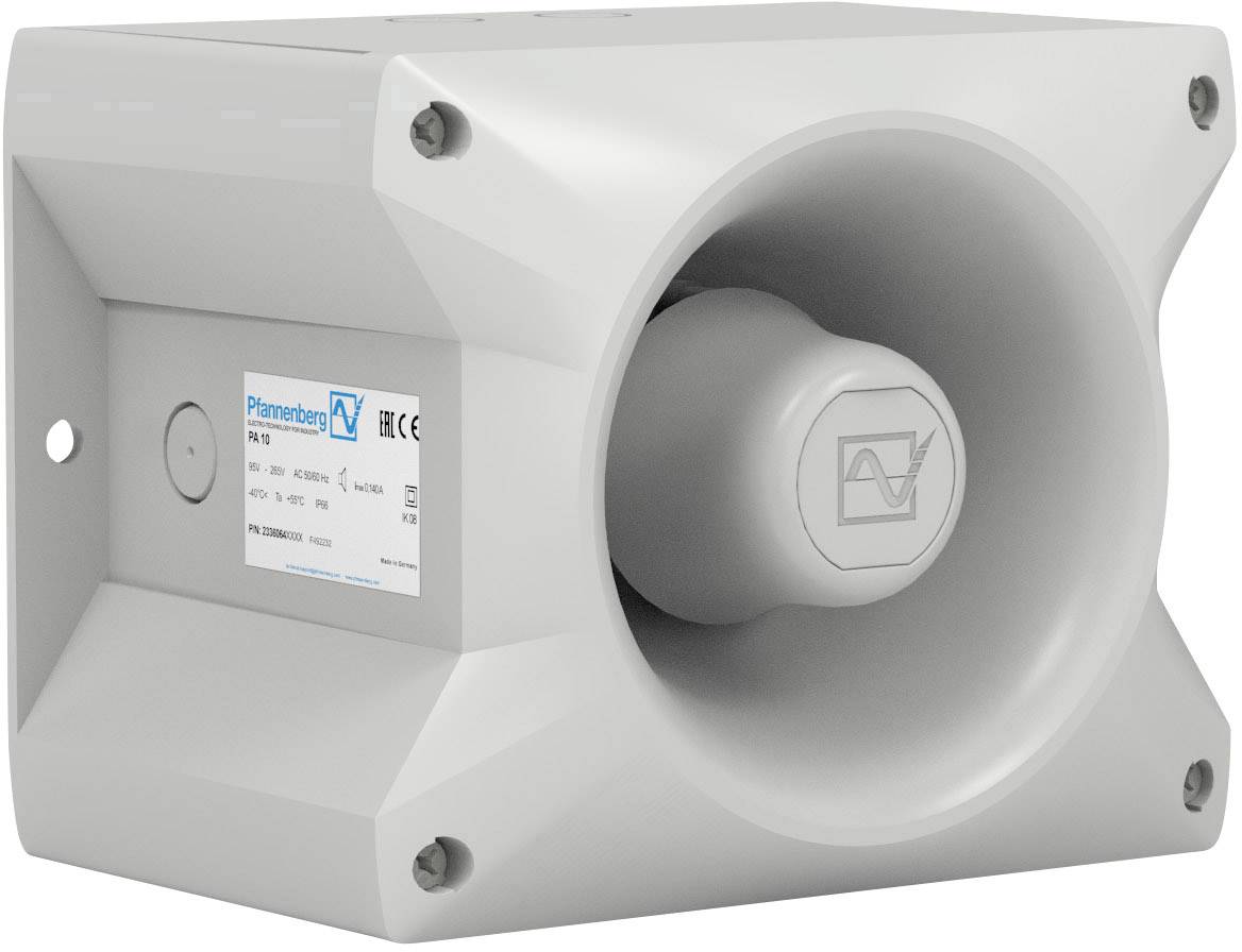 Industrial speakers in grey, with a rectangular shape and circular sound opening. Technical specifications label placed to the side.
