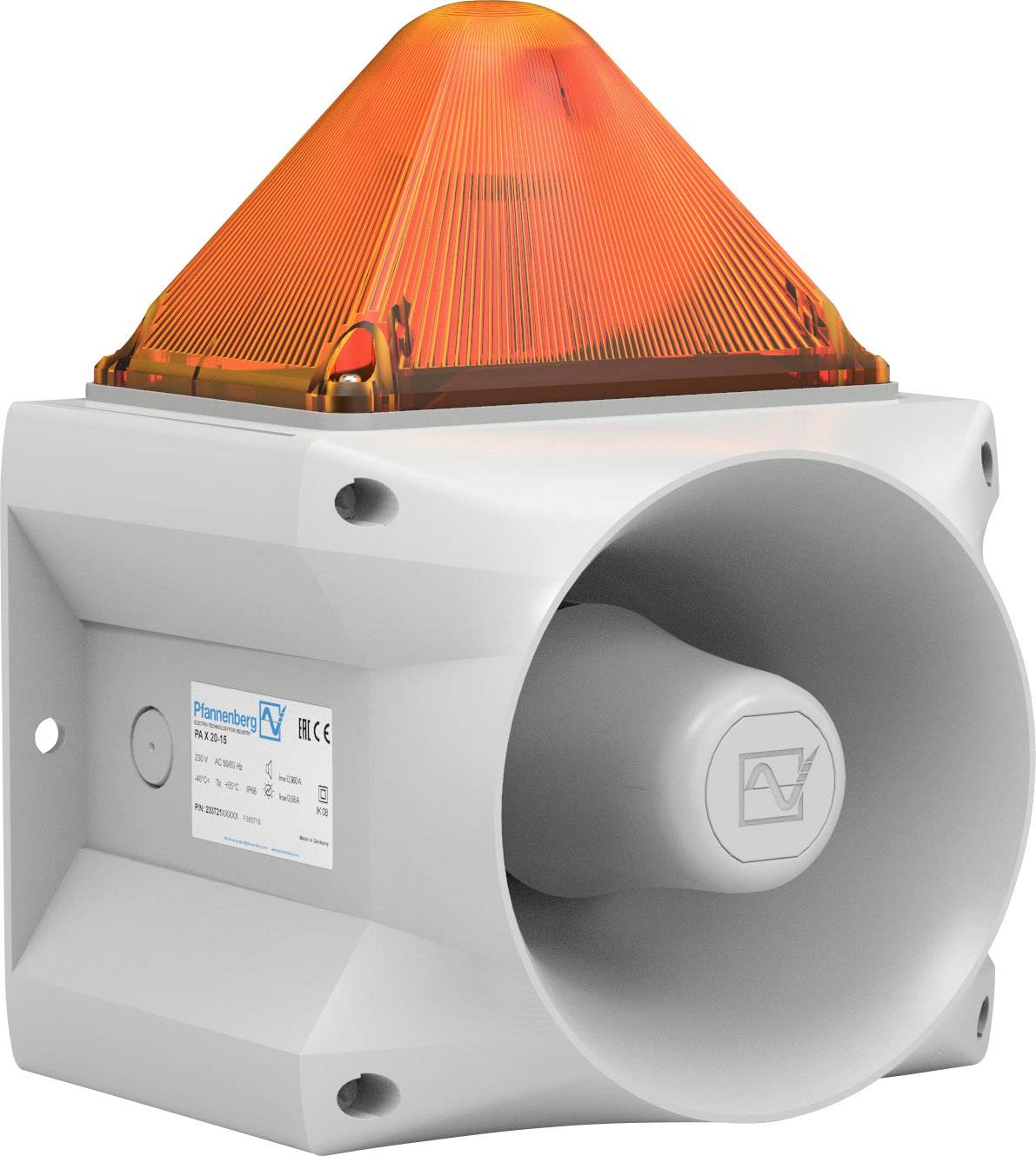 A grey alarm speaker with an orange warning light on top, wall-mountable, used in safety-critical areas.