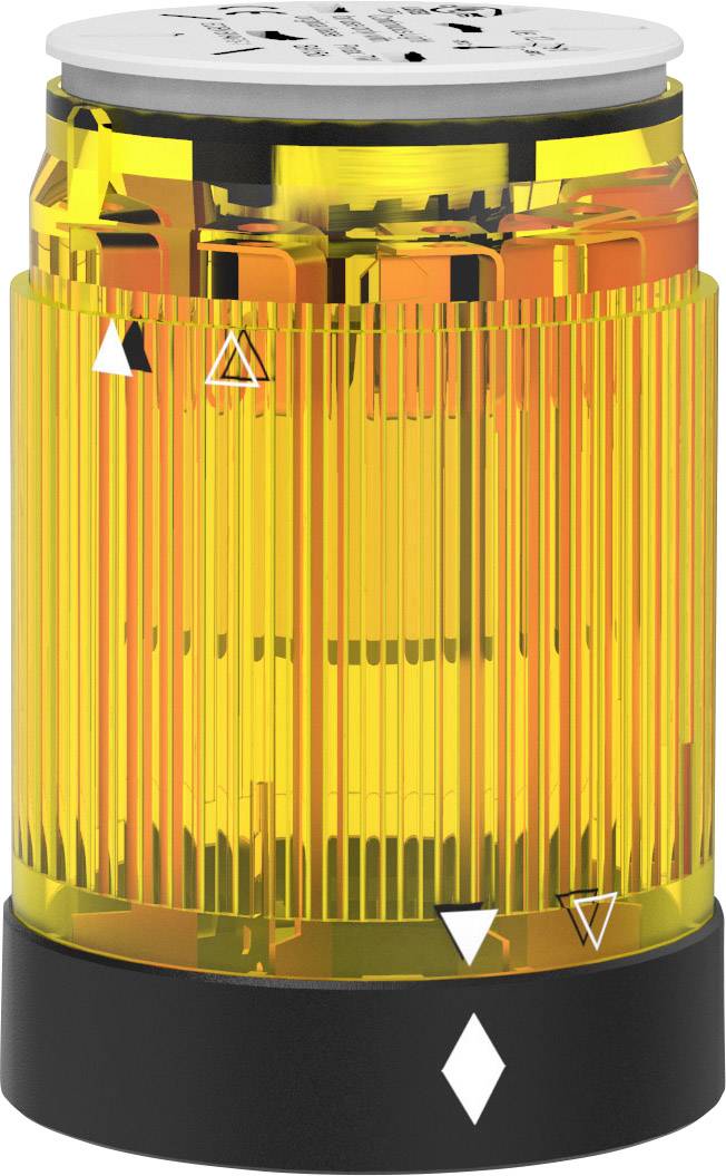 Yellow, cylindrical warning light with a ribbed pattern and black arrow symbols on the surface. Used for signalling.