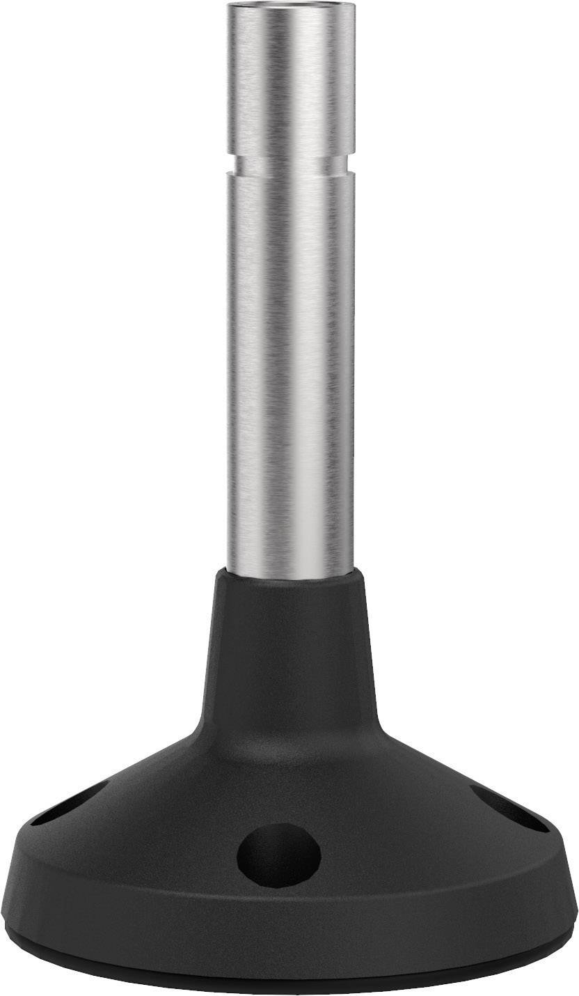 A black, conical base with a silver, cylindrical metal pin, possibly part of a piece of furniture or device.