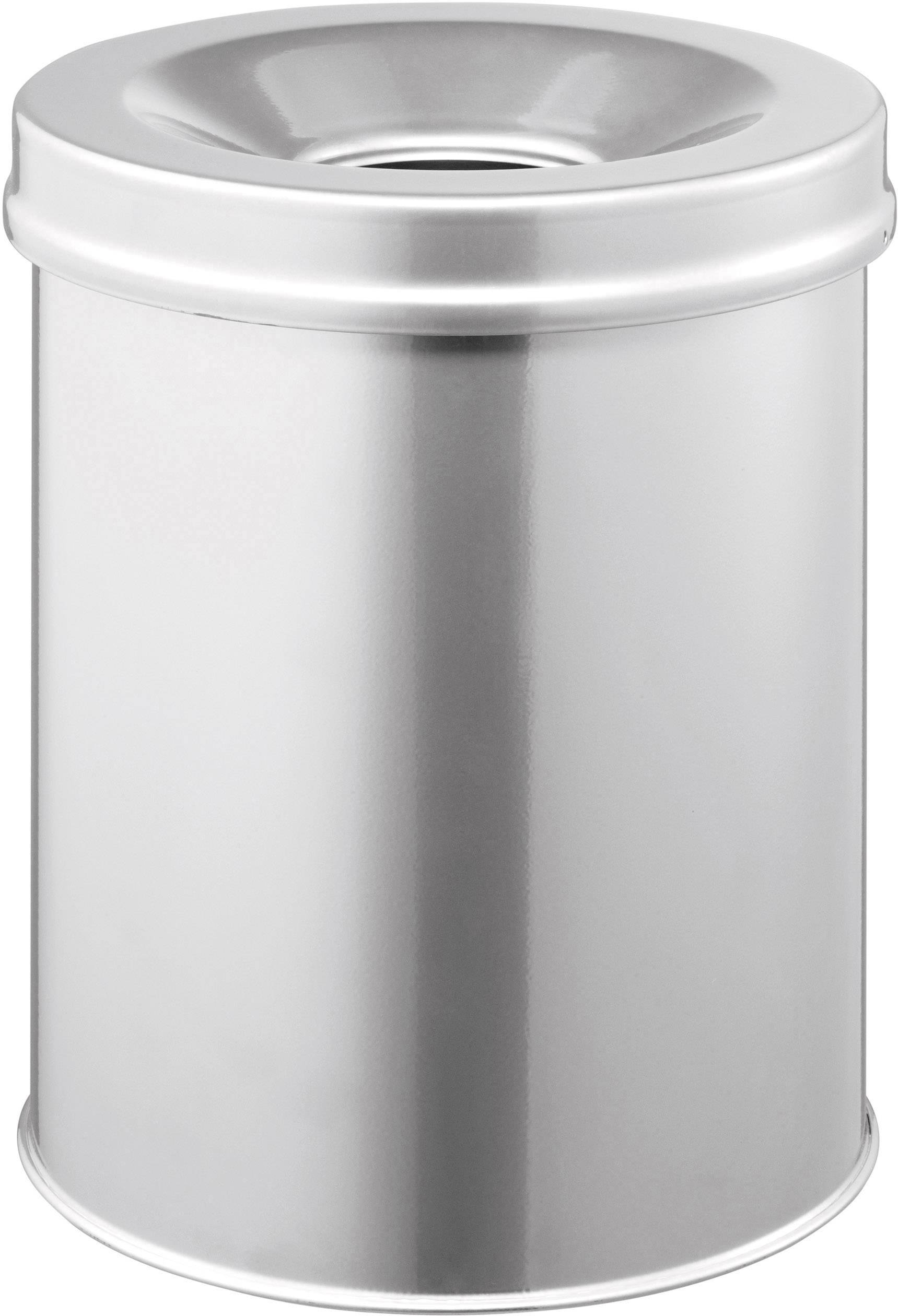 A silver, metallic container with a lid that has a circular opening in the middle. Suitable for storage.