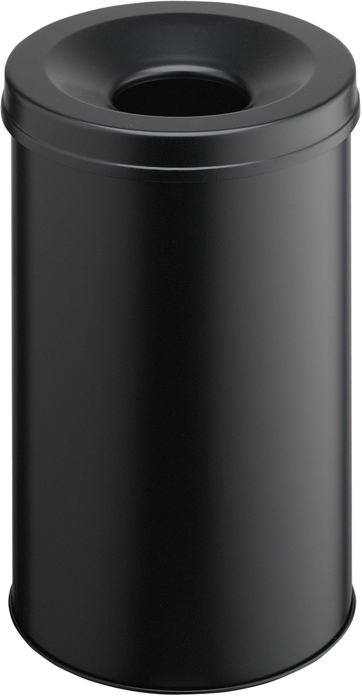 A tall, cylindrical black rubbish bin with a circular opening at the top.