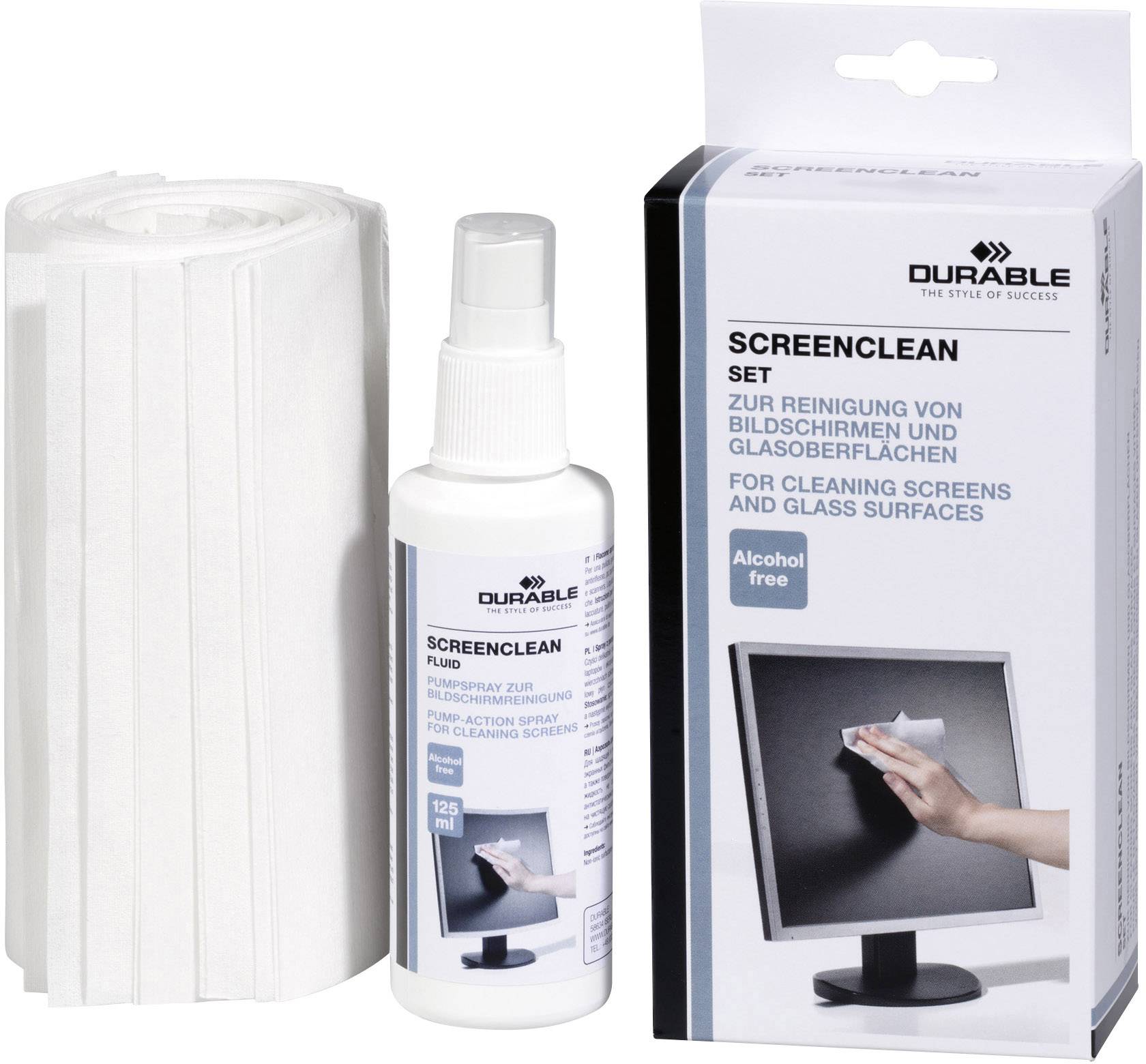 'ScreenClean Set' for cleaning screens and glass surfaces. Includes cleaning wipes and spray. Alcohol-free.