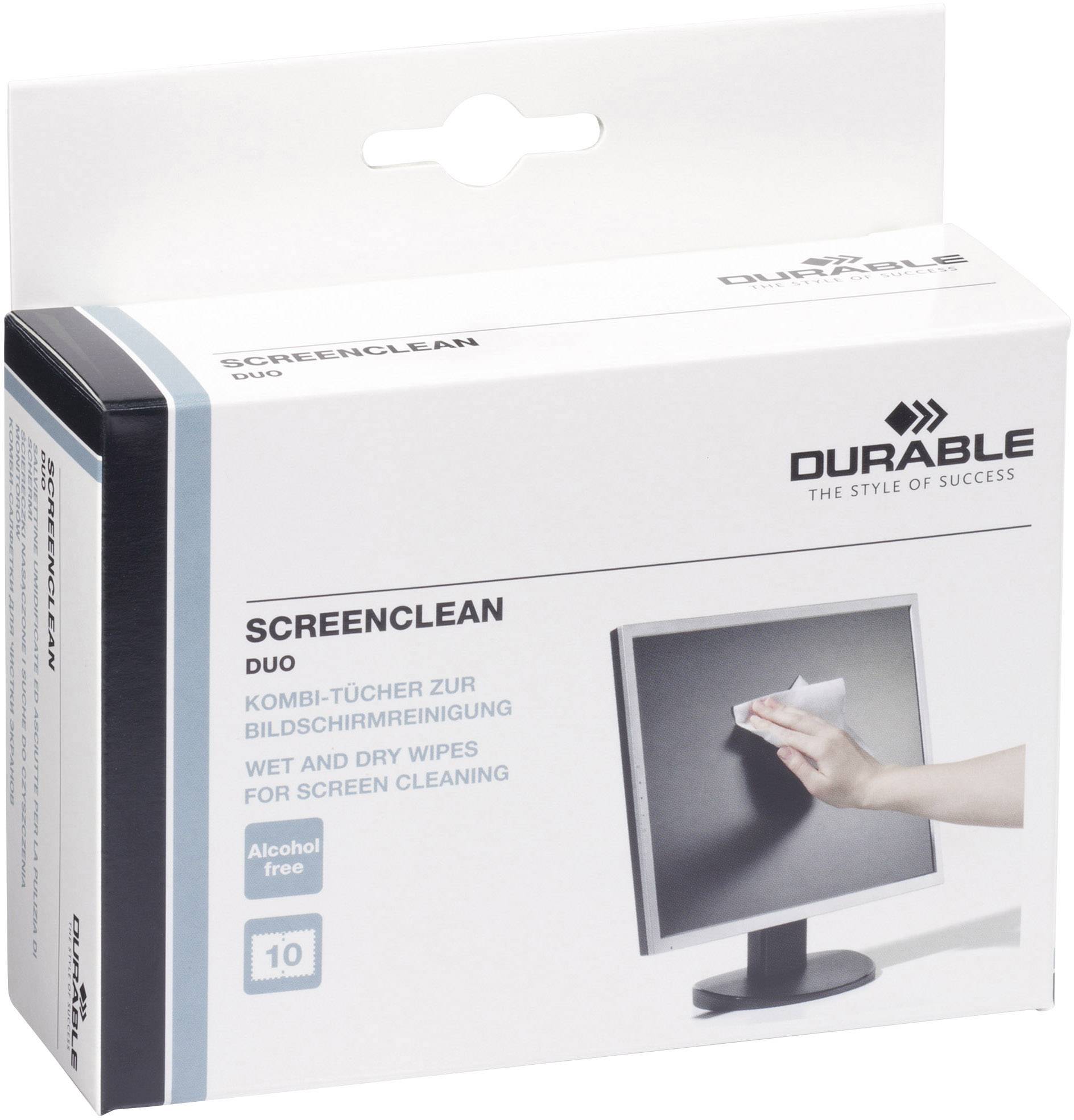 Packaging for 'Screenclean Duo' Screen Cleaning Wipes, containing 10 wipes. With an image of a monitor being cleaned.