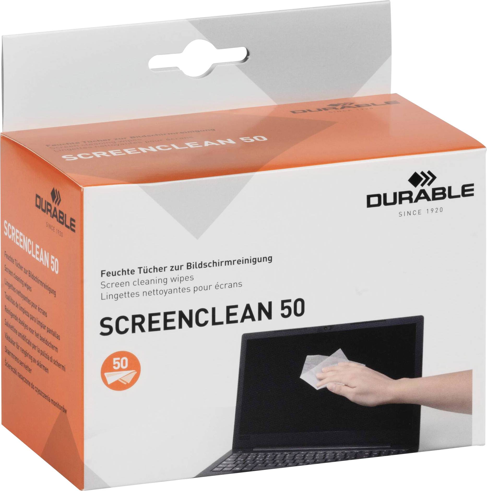 A box of 'Durable Screenclean 50' screen cleaning wipes, featuring an image of a hand wiping a laptop screen.