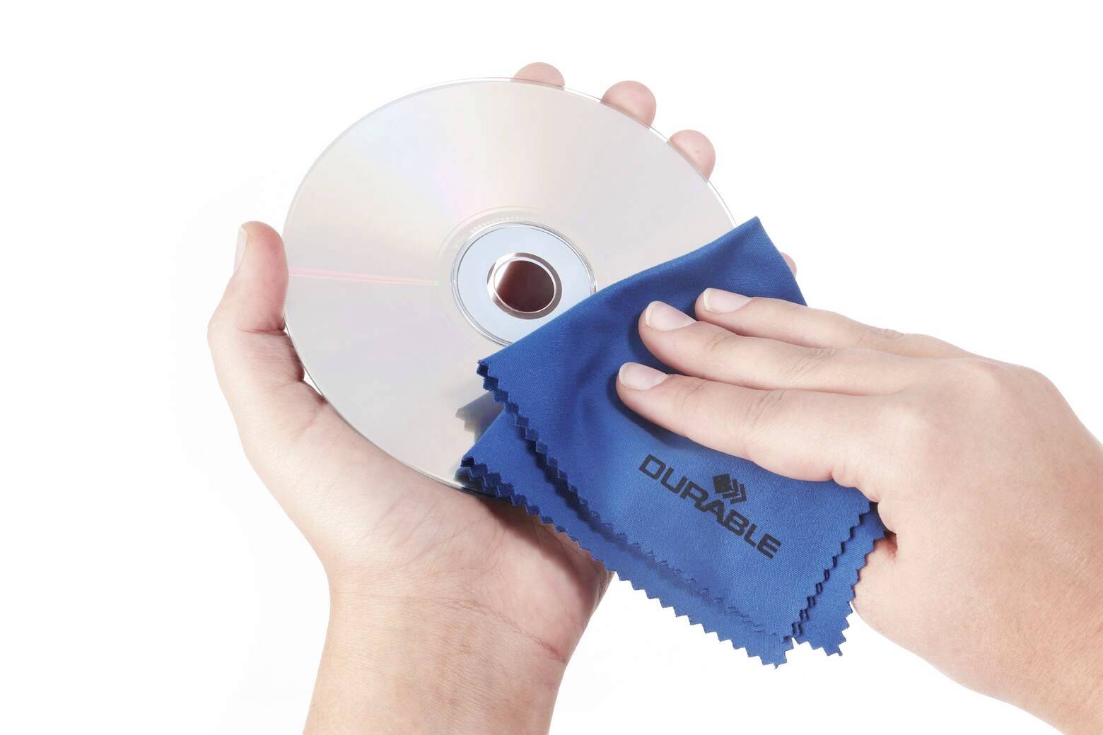 Two hands cleaning a CD with a blue cloth labeled Durable.