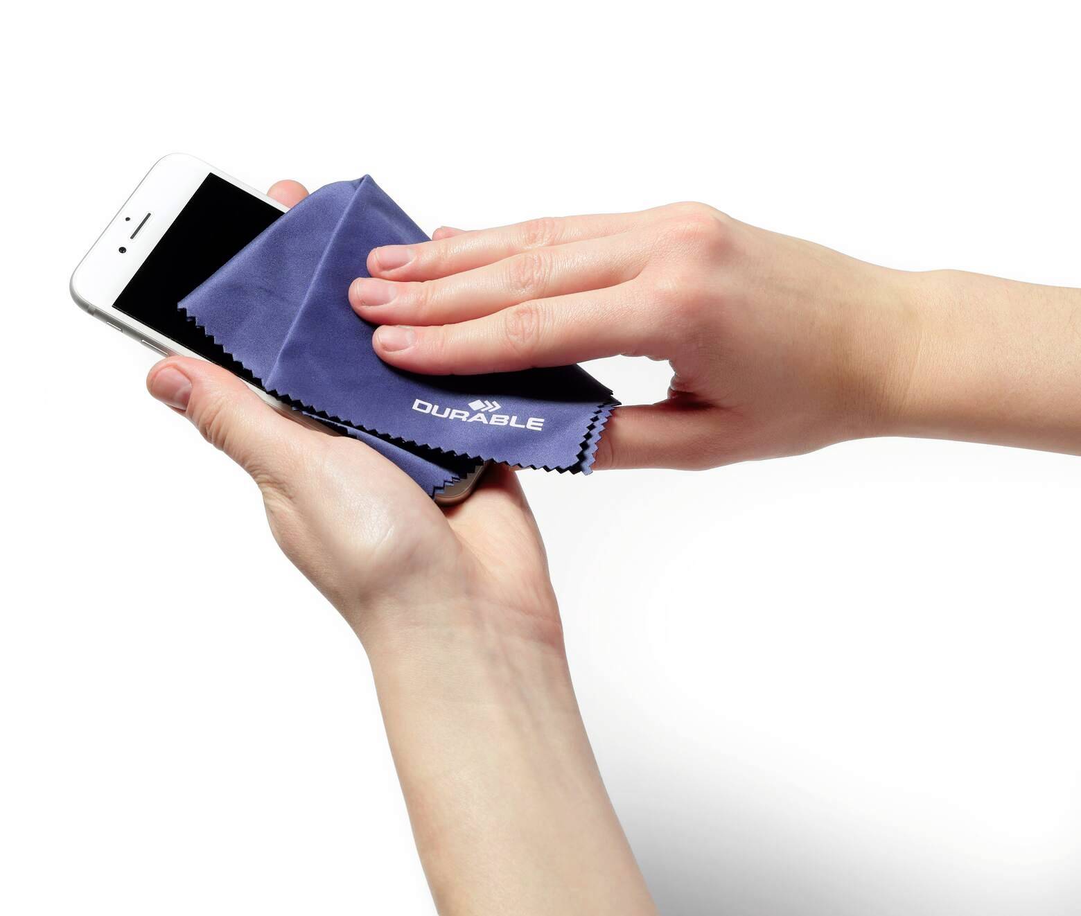Hands cleaning a smartphone screen with a blue microfiber cloth labeled 'Durable'.